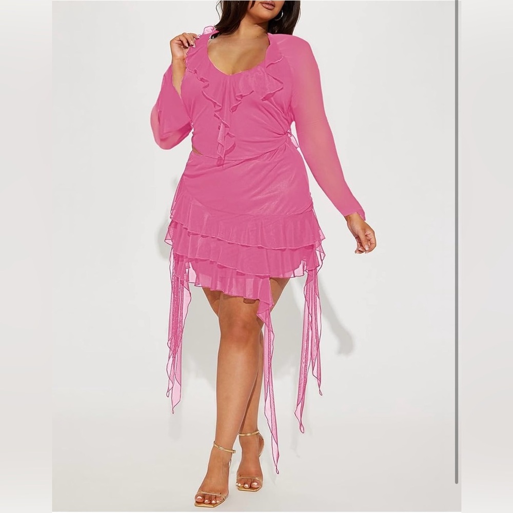 Sexy mesh Mini Dresses Date Night Ruffle Hem Cocktail Dress 2 Piece Skirt Sets - Picture 3 of 5